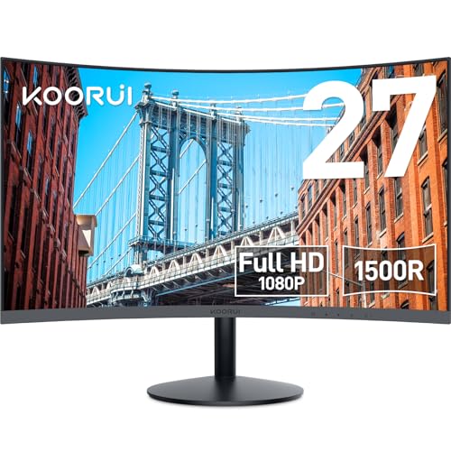 KOORUI 27 Inch Curved Monitor FHD 1080P Display, 75Hz PC Screen, Computer Monitor with HDMI VGA,Tilt Adjustable,1500R, Flick-Free Eye Care