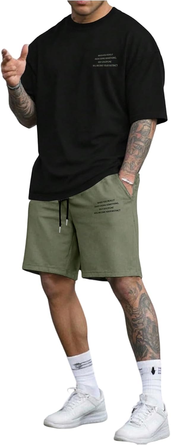 SHENHE Men's 2 Piece Summer Outfits Short Sleeve Graphic Tee Top and Shorts Set Streetwear