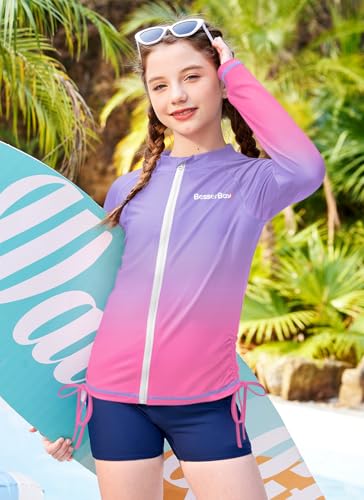 Image of BesserBay Girls Rash Guard UPF 50+ Zip Up Raglan Long Sleeve Adjustable Drawstring Swim UV Jacket 4-14 Years