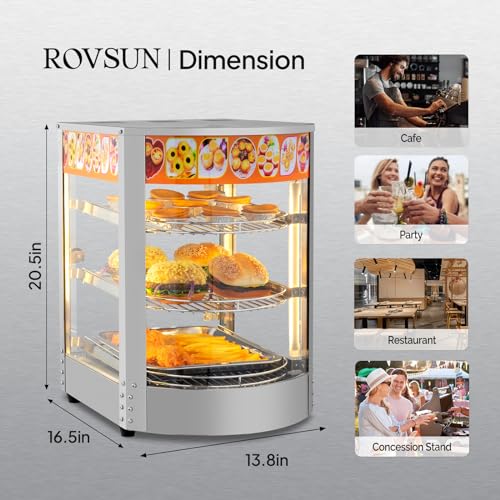 Image of ROVSUN 3-Tier Food Warmer Pizza Warmer Countertop, Commerical Food Warmer Display with LED Lighting Removable Shelves Glass Door, Pretzel Warmer for Buffet Restaurant Cafe, 110V 800W