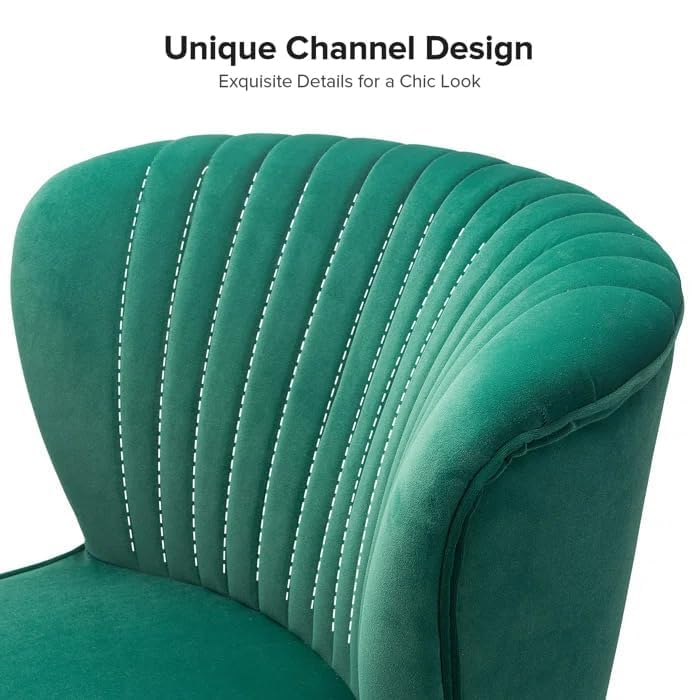 Image of Modern Upholstered Accent Velvet Chair Single Seater Channel Tufted Wing Back Chair with Golden Matel Legs for Living Room, Bedroom, Dining Room, Green