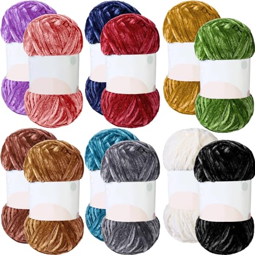 Image of Xinnun 12 Skeins 1116 Yards Chenille Velvet Soft Thick Plush Yarn Bulk for Crocheting Knitting Blanket DIY Weaving Craft, 6mm, 3.5 Oz /Skein(Elegant Color)