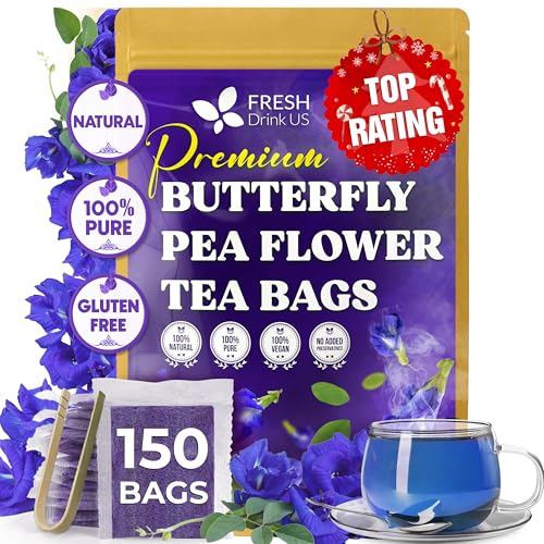 Image of FreshDrinkUS, Premium 150 Butterfly Pea Flower Tea Bags, 100% Natural & Pure, Herbal Tea, Daily Infusion Botanical, No Sugar, No Caffeine, No Gluten, Vegan. Rich in Antioxidants