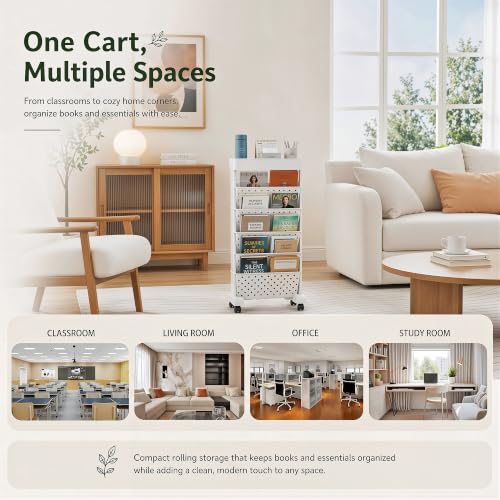 Image of BYFU Plastic 6-Tiered Shelf Rolling Bookshelf, Multi-Functional Storage Rolling File Cart with Lockable Casters for Office Tabletop, Floor Standing Kitchen Classroom Organization and Storage, White