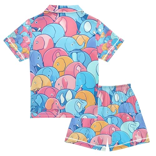 senya Cute Elephants Blue Satin Summer Pajama Sets Silk Short Sleeve Button Down Sleepwear2