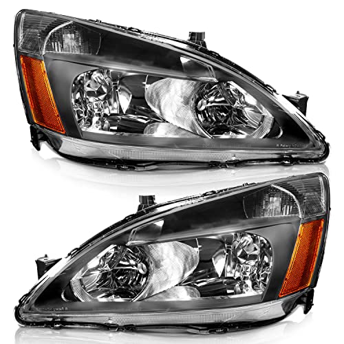 WEELMOTO Headlights for 03-07 Honda Accord, 03-07 Accord OE Headlamp Coupe/Sedan Black Housing Amber Reflector Left+Right Side 2/4-Door