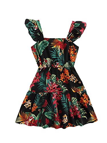 COZYEASE Girls' Tropical Print Ruffle Trim Dress Square Neck Sleeveless High Waist A Line Boho Dress
