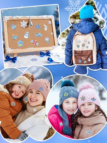 Image of JUNEBRUSHS 28PCS Winter Enamel Pins, Cute Blue Snowflake Snowman Brooch Pins for Winter Holiday Theme Christmas Party Classroom Favor Supplies Exchange Gift Clothes Hat Accessories