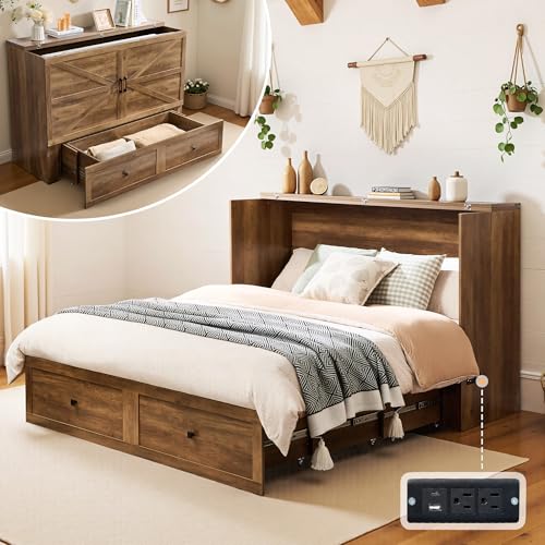 LUXOAK Queen Murphy Bed with Storage and Charging Station, Farmhouse