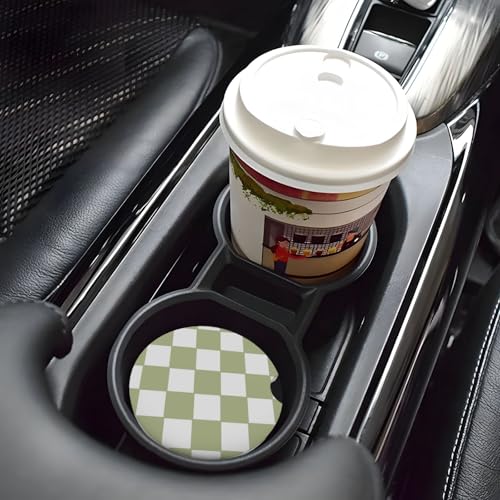 Image of Green White Checkered Buffalo Plaid Car Coasters for Cup Holder - Absorbent Ceramic 2 Pack With Anti-Slip Cork Base and Finger Notch - Interior Accessories for Women Men 2.56 inch