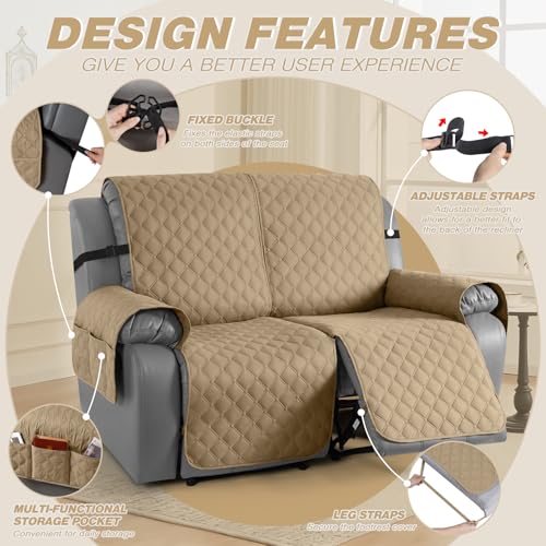 Image of TAOCOCO 100% Waterproof Recliner Covers, Recliner Sofa Covers with Leg Straps, Reversible Recliner Couch Cover for Reclining Chair, Washable Couch Protector for Pets Kids(2 Seater, Camel)