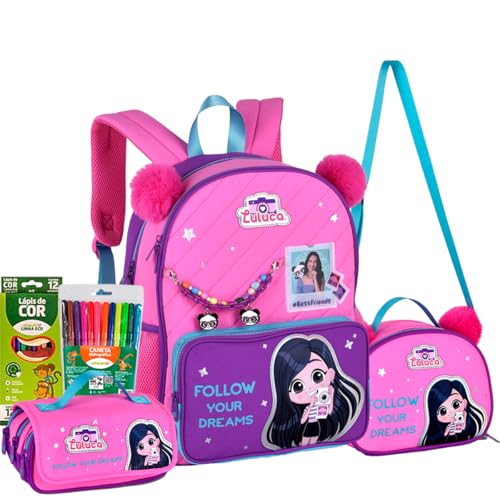 Kit Mochila Costas Luluca Pandinha Lancheira Térmica e Estojo triplo 2026 Rosa e roxo Youtuber