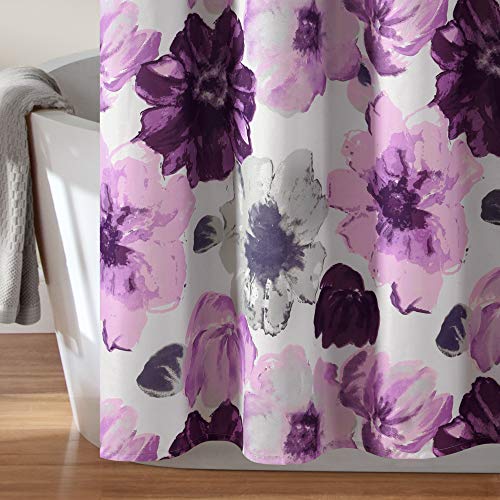 Image of Lush Decor Leah Floral Shower Curtain, 72 inch W x 72 inch L, Gray /Purple - Fabric Shower Curtains - Watercolor Botanical Bathroom Curtain - Farmhouse & French Country Decor
