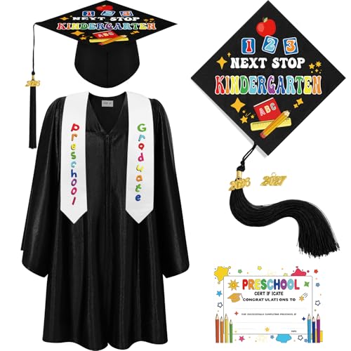 Bokon 4 Pcs 2026 Kindergarten Preschool Graduation Cap and Gown with Tassel Graduation Stole and Certificate for Toddler Kids(36 Black)