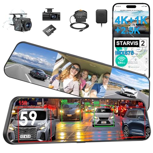 12" 3 Channel 4K Rearview Mirror Dash Cam，STARVIS 2 IMX675 Night Vision,4K+1080P+2.5K Front Inside and Rear View Mirror Camera BSD 5.8GHz, Voice Control, 24H Parking Mode, G Sensor, 128G Card& GPS