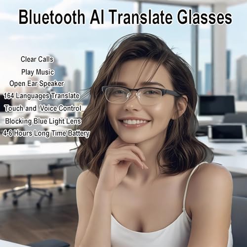 Image of AI Smart Glasses with Real-Time Translation for 164 Languages,Bluetooth 5.4 Translate Glasses for Men Women,Blue Light Blocking,Hand-Free for Travel & Business (AI Translate-Silver)