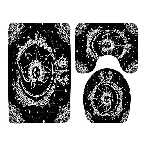 AMFD 3 Pieces Bath Rugs Sun Moon Black White Vintage Mandala Celestial Creative Medallion Floral Boho Classic Ethnic Tribal Soft Microfiber Memory Foam,16x24 Inch Bath Mat Sets or Bathroom Decor Cover