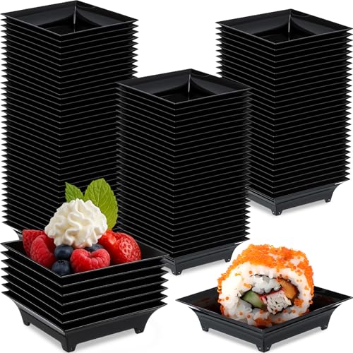 Acellegic 100 Pcs Mini Appetizer Plates Bulk 1 oz 2.4 Inch Black Square Plastic Dessert Plates Disposable Appetizer Tray for Wedding Shower Christmas Salad Cake Afternoon Tea Birthday Party