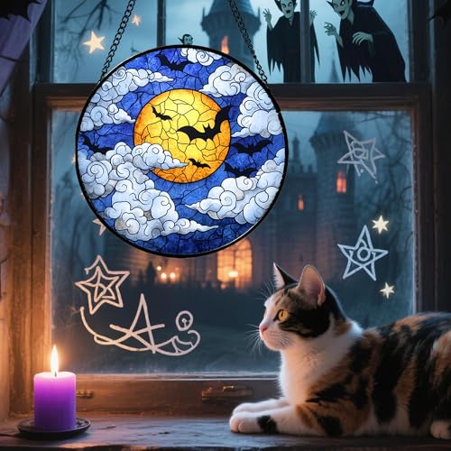 Image of Stained Glass Window Hanging - Halloween Decorations Bats Moon Clouds Suncatcher for Doors Garden Indoor Spooky Funny Sun Catchers Gothic Decor Horror Gifts for Women Men Friend 9.8 in
