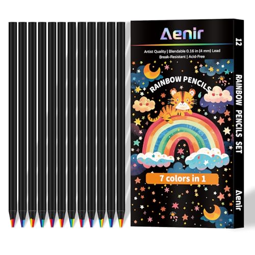 Aenir Easter Basket Essentials, 7 Color in 1 Rainbow Pencils for Kids, 12 Pack Rainbow Colored Pencil for Adult Coloring, Multicolor Pencil for Easter Gifts, Art Supplies