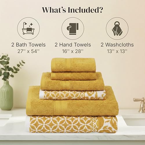 Image of Modern Threads 6 Piece Bath Towel Set - Bathroom Set with 2 Bath Towels, 2 Hand Towels, and 2 Wash Cloths - 100% Cotton, Super Absorbent & Extra Soft - Reversible Botanical Vine (Gold)