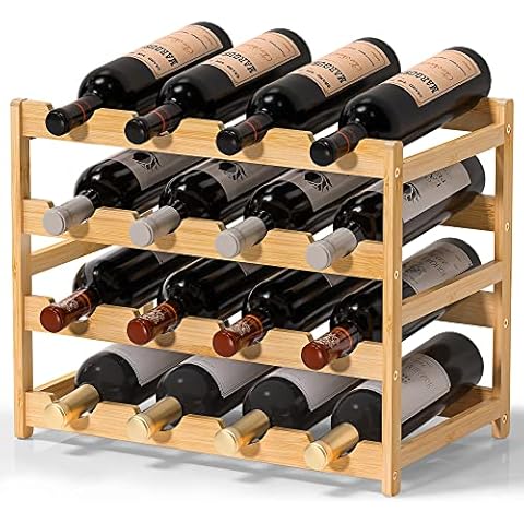 Ruichang Wine Rack Sturdy Wine Countertop,Bamboo Wine Bottle Holder Wine Storage Racks Counter Wine Stand Inserts for Cabinet Free Standing Floor Table Wine Organizer (4-Tier, 16 Bottle Capacity) Cover