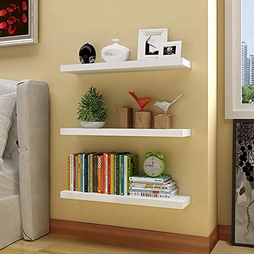 aimu Juego de 3 estantes flotantes de pared, estantes de madera para pared, estante organizador de almacenamiento del hogar, estantes de exhibición con soportes invisibles, color blanco.