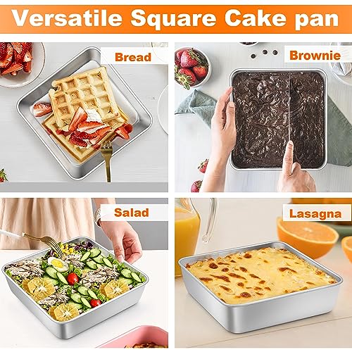 Image of TeamFar 6 x 6 Inch Square Cake Pan, Stainless Steel Square Baking Pan with Lid for Brownie Lasagna, Non-Toxic & Heavy Duty, One-Piece & Smooth, Dishwasher Safe & Easy Clean (2 Pans + 2 Lids)