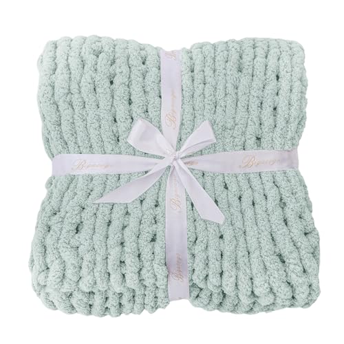 Bigacogo Chunky Knit Throw Blanket for Couch, 40x60 inches, 100% Hand Knitted with Thick Jumbo Chenille Yarn, Cozy Soft Large Rope Knot Cable Crochet Blankets for Sofa Bed Living Room, Mint