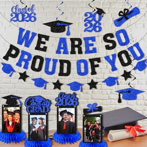 Image of Graduation Decorations 2026 - Blue Congrats Grad Party Supplies Include Glitter We are So Proud of You Banner, Hanging Swirls and Honeycomb Centerpieces for Photo Toppers