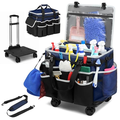 Large Rolling Cleaning Caddy Bag with Detachable Trolley Full Support Plates for Professional Cleaning Supplies Bag Organizer Bag with 4 Universal Wheels for Housekeepers Car Wash