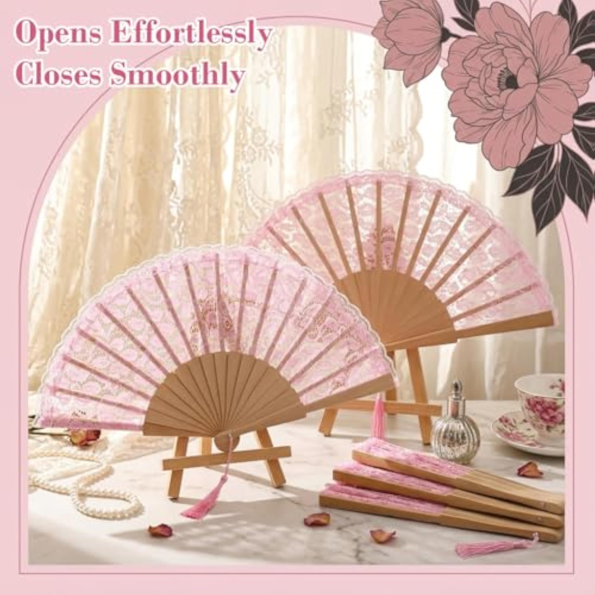 Lace Hand Fan Foldable with Wooden Frame and Tassel