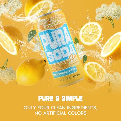 Image of PuraSoda Lemon Elderflower - 12g Pure Cane Sugar Soda, 10 Fl Oz, Pack of 12 | Real Fruit Extract, Non-Gmo Vegan, No Stevia Or Artificial Sweeteners, 12g Cane Sugar, 10 Fl Oz Cans
