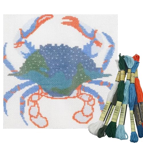 Image of Howie's Needlepoint Needlepoint Kits, 18CT Printed Embroidery Pattern Starter Kits, Stamped Patterns Canvas Kits(Blue Crab,6x6inch)