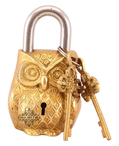 Image of Indian Art Villa Brass Handmade Vintage Antique Style, Owl Shape Door Security Lock, with 2 Keys