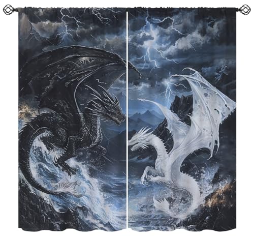 Dragon Blackout Curtains for Girls Boys Kids Home Decor, Black White Dragon Medieval Magical Fantasy Rod Pocket Thermal Insulated Drapes Darkening Window Curtain for Bedroom Living Room, 84 x 84 Inch