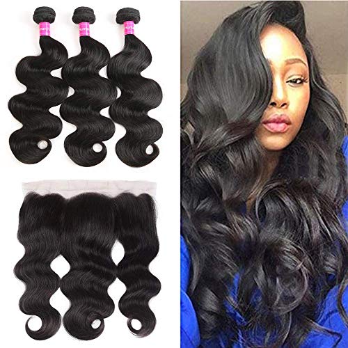 Brazilian Body Wave Bundles with Frontal (13×4) Ear to Ear Lace Frontal Closure with 3 Bundles.100% Brazilian Virgin Human Hair Extensions Natural Color (22 24 26+18, bundles with frontal)