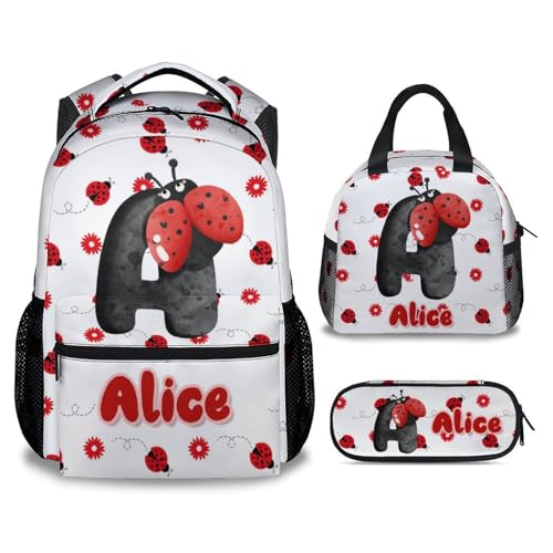Custom School Backpack with Lunch Box Set for Kids, 3Pcs Ladybug Backpacks Matching Combo for Girls, Cute White Bookbag and Pencil Pouch Bundle
