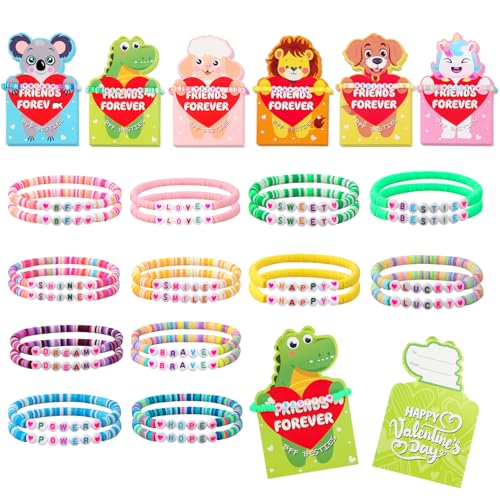 LANGASQUE Valentines Day Gifts, 24 Pack Friendship Bead Bracelet with Valentines Day Cards, Valentines Day Party Supplies for School Classroom Prizes Exchange Gift (Animal Style)