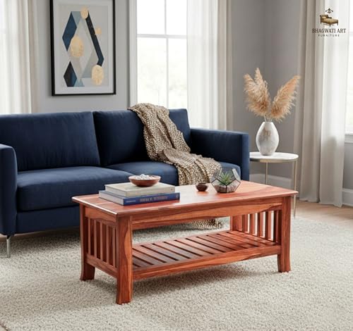 BHAGWATI ART Solid Sheesham Wood Coffee Table for Living Room | Wooden Rectangle Coffee/Tea Table with Storage |Center Table with Storage Teapoye for Home, Living Room, Balcony (Honey Finish)