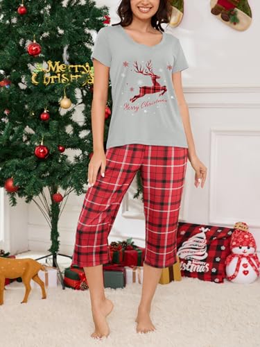 Image of YIJIU Women Soft Comfy Pajamas Cute Cat Short Sleeve Capri Pants PJS Set