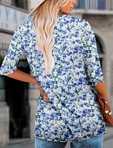 KISSMODA Tunic Tops for Women Loose Fit Dressy Round Neck Pleated 3/4 Length Sleeve Spring Tops