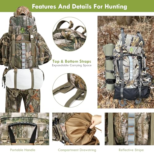 Image of Hunting Backpack for Men, 60 /80L Camo Backpack with Waterproof Rain Cover, 600D Hunting Pack for Hunters
