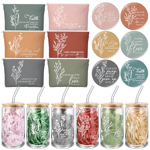 Fumete 6 Set Christian Gifts Religious Makeup Bag Bible Verse Glass Coffee Cup Mini Christian Compact Mirror Regalos Cristianos En Español for Church Sunday School Pastor Wife (Bright Colors)