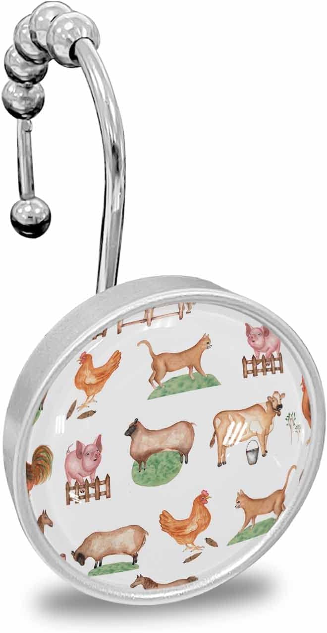 Shower Curtain Hooks Set of 12 Farm Animal Pig Cock Sheep Country Style Crystal Glass Shower Curtain Rings for Bathroom Decorative Stainless Steel