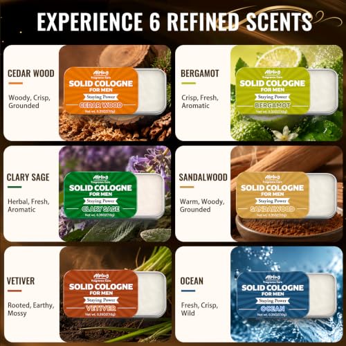 Image of 6 Pack Solid Cologne Gifts for Men, Mens Cologne Gift with Cedar Wood, Bergamot, Sandalwood, Clary Sage, Vetiver, Ocean Perfume, Birthday Gifts for Him Dad Husband Boyfriend, Travel Gift