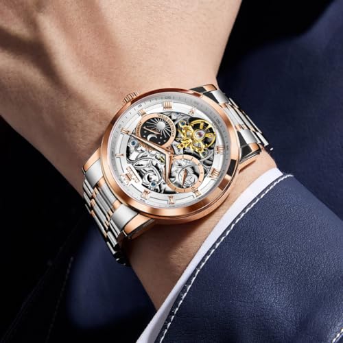 Image of OLEVS Automatic Men Watch Self Winding Mechanical Moon Phase Business Luxury Diamond Dress Stainless Steel Waterproof Luminous Mens Wrist Watch