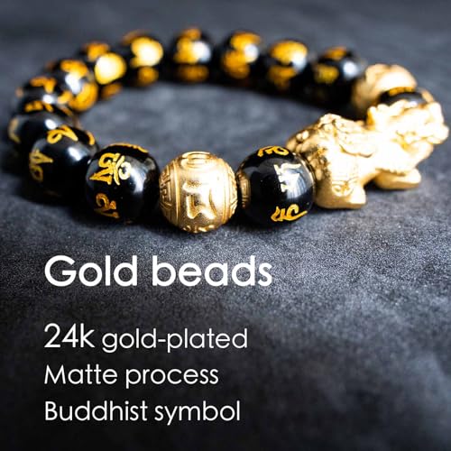 Feng Shui Bracelet 24K Gold Plated PiXiu, Colored Eyes Obsidian Dragon Protection Bracelet Meditation Decompression Prayer Beads Lucky Wealth Bracelets for Men Women(12mm)4