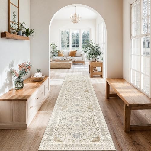 Madane Runner Rugs for Hallway 2x10 Long Washable Non-Slip Hallway Runner Rug Low-Pile Stair Kitchen Runner Soft Throw Carpet for Entrance Living Dining Laundry Room (Beige/Blue, 2 x 10)