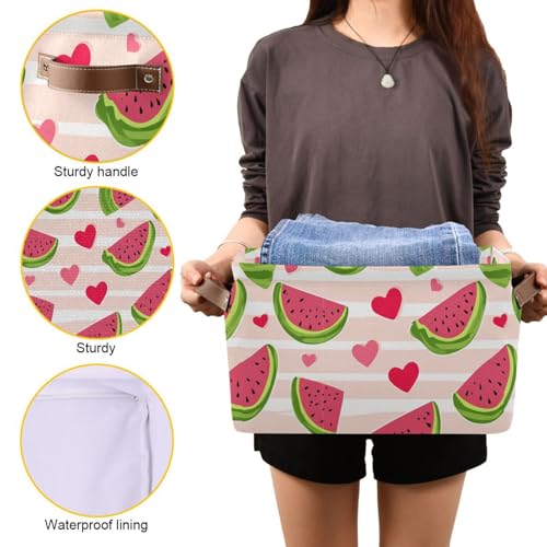 Image of Aslsiy Storage Basket Cute Watermelon Slice Nursery Bins Stripe Baby Box Canvas Clothes Shelf Basket Laundry Hamper Gift Basket for Home Closet 2 Pcs